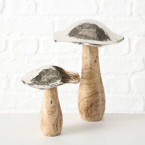 (Set of x2) Mango Wood & Hammered Metal Mushroom Cottagecore Artisan Decor
